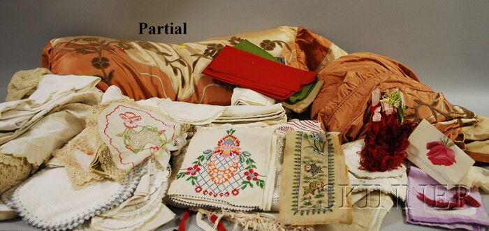 Large Group of Assorted Textiles and Notions, incl: Large Group of Assorted Textiles and Notions, including table linens, bed coverings, fabric, pillows, remnants, crocheted coverlets, banding, laces, towels, ribbons, buttons, handkerchiefs, and napkin