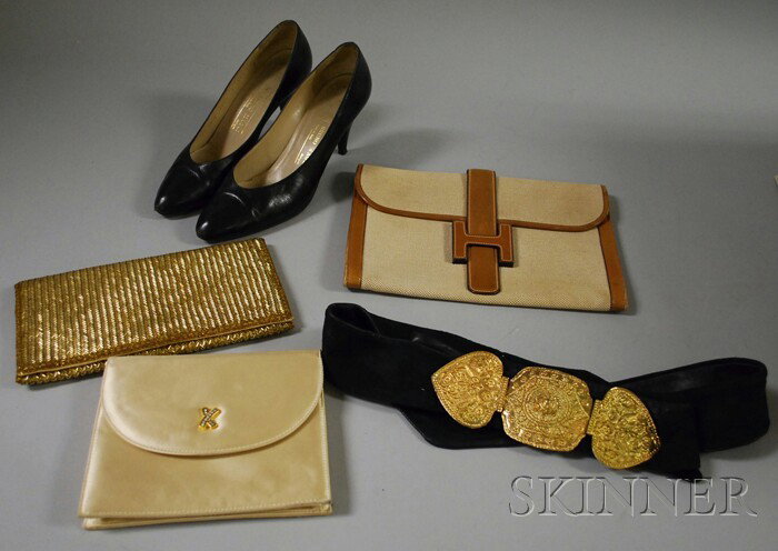 Small Group of Lady's Accessories, a pair of black: Small Group of Lady's Accessories, a pair of black leather Bruno Magli pumps, size 10, an Herm?s clutch, a small Paloma Picasso evening bagk, a beaded clutch, and a belt.
