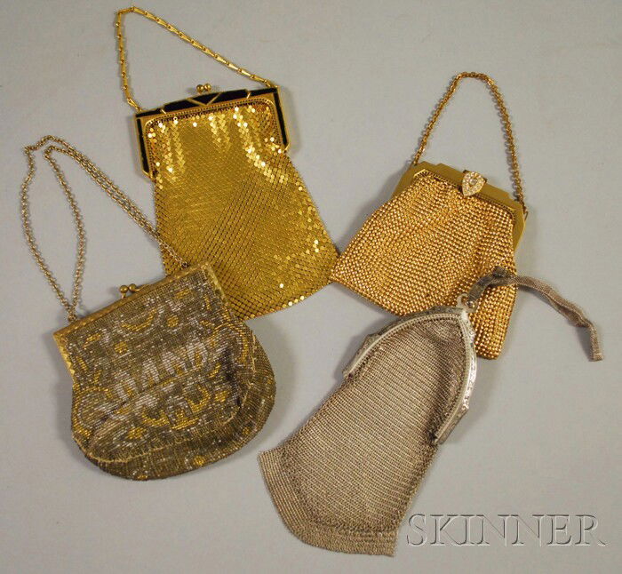 Four Antique Beaded and Mesh Purses, including a F: Four Antique Beaded and Mesh Purses, including a French metallic beaded bag and two Whiting and Davis gold-tone metal mesh purses, one with Art Deco enameled frame.