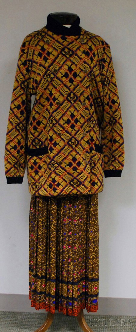 Lady's Yves Saint Laurent Rive Gauche Two-piece En: Lady's Yves Saint Laurent Rive Gauche Two-piece Ensemble, labeled, a wool sweater coat and a matching silk skirt, size 42.