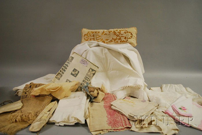 Large Group of Table Linens, Lace, and Embroidery,: Large Group of Table Linens, Lace, and Embroidery, including napkins, tablecloths, trims, crochet, table runners, lace, and other items.
