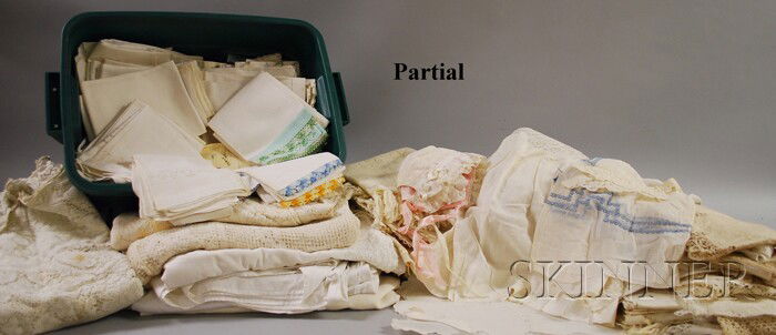 Large Group of Antique Linens and Clothing, inclu: Large Group of Antique Linens and Clothing, including tablecloths, napkins, dishtowels, bed linens, baby clothing, and other items.