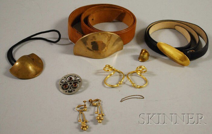 Two Robert Lee Morris Gold-tone Belt Buckles, on l: Two Robert Lee Morris Gold-tone Belt Buckles, on leather belts, both marked, together with several assorted costume jewelry items.