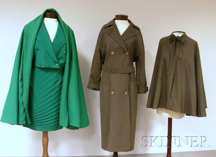 Group of Lady's Versace Clothing and Outerwear, al: Group of Lady's Versace Clothing and Outerwear, all labeled, an olive green cape and matching trench coat, coat size 42, a Kelly green ensemble comprised of pleated skirt, short jacket, and pleated ca