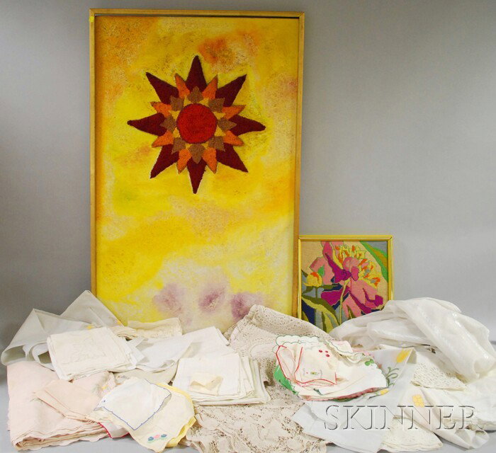 Large Group of Linens, including crocheted tablecl: Large Group of Linens, including crocheted tablecloths, embroidered table linens, curtains, and other items, together with two framed weavings.
