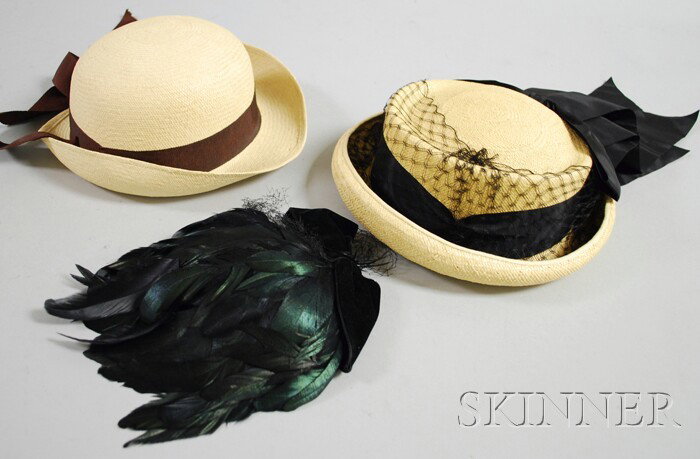 Two Vintage Women's Straw Panama Hats and a Feath: Two Vintage Women's Straw Panama Hats and a Feather Fascinator.