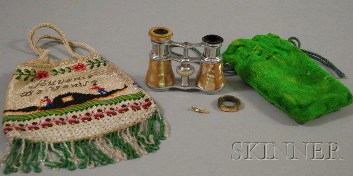 Two Vintage Lady's Accessory Items, a beaded purs: Two Vintage Lady's Accessory Items, a beaded purse, "Souvenir De Venise" beaded on the side, and a pair of mother-of-pearl opera glasses (damage).