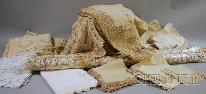 Group of Antique Table Linens, including several h: Group of Antique Table Linens, including several hand-embroidered banquet tablecloths and napkins and two rolls of eyelet fabric.