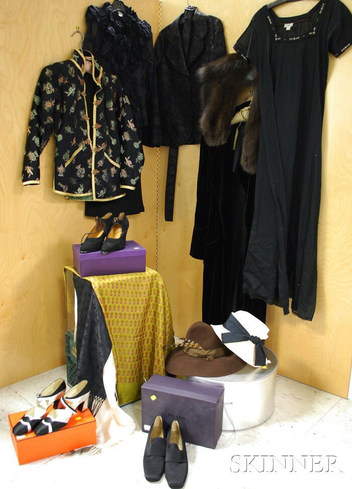 Group of Assorted Lady's Clothing and Accessory I: Group of Assorted Lady's Clothing and Accessory Items, including two hats, a Bottega Veneta purse, an Herm?s purse, a blank Ferragamo red leather-bound scrapbook, three pairs of shoes, and a group of