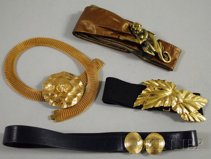 Four Lady's Belts, two Kirks Folly buckles of leav: Four Lady's Belts, two Kirks Folly buckles of leaves and a monkey, a Mimi di N seashell buckle, and an unsigned hammered buckle with elephant head detail.