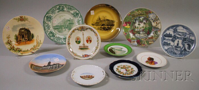 Eleven Ceramic Souvenir Plates, including Niagara : Eleven Ceramic Souvenir Plates, including Niagara Falls, Lewiston, Maine, Canada, Portland, Maine, city hall and Masonic Temple, Old Oaken Bucket, two Quebec, Cypress Gardens, Florida, Brockton Commer