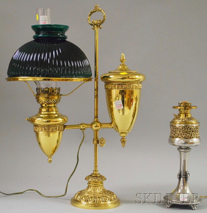 Brass Student Lamp with Cased Green Glass Shade an: Brass Student Lamp with Cased Green Glass Shade and a Meriden Victorian Silver-plate and Brass Kerosene Table Lamp, the student lamp possibly Wright & Butler, (both electrified), Meriden lamp ht. 12 i