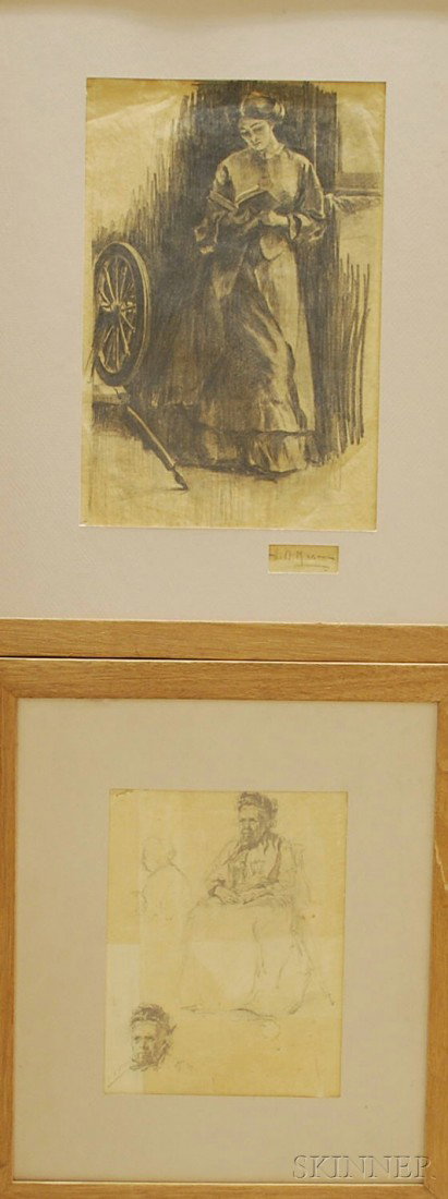 American School, 19th/20th Century Lot of Two Fram: American School, 19th/20th Century Lot of Two Framed Figural Drawings: Studies of a Seated Old Woman, unsigned, graphite on laid paper, 11 x 8 1/2 in.; and Standing Young Woman Reading,