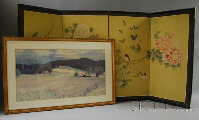 Modern Japanese Painted Four-panel Floor Screen an: Modern Japanese Painted Four-panel Floor Screen and a Framed Wolf Kahn Landscape Print, screen ht. 35 1/4 in.