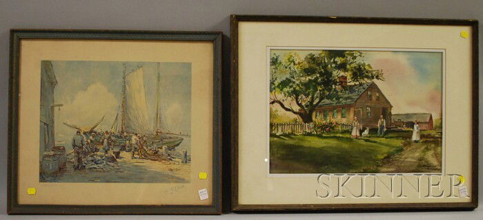 Framed American School 20th Century Watercolor of: Framed American School 20th Century Watercolor of a Family and Home and a Framed Arthur Diehl Print Fisherman's Return, the watercolor signed "Spencer Croaks."