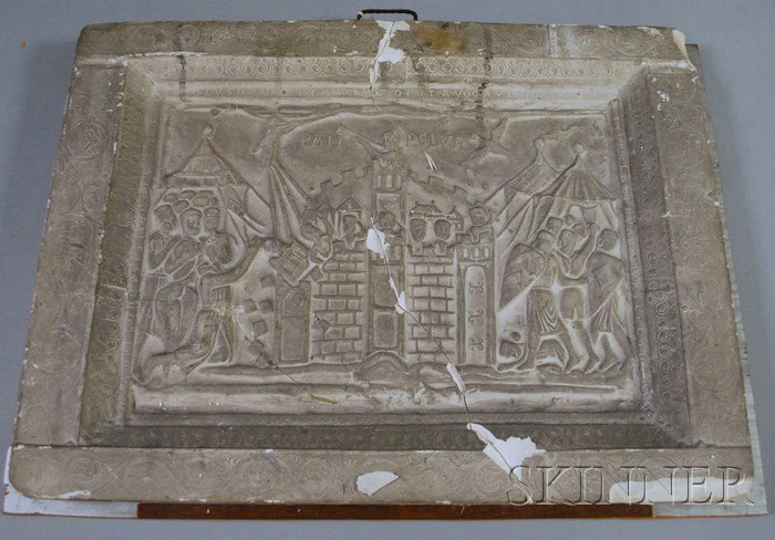 Cast Plaster Relief Castle Siege Scene PAM PELVIN: Cast Plaster Relief Castle Siege Scene PAM PELVIN Plaque, (damage, losses), 15 1/2 x 20 3/4 in.