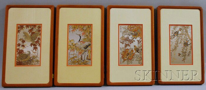 Set of Four Franklin Mint/Zhang Shou-Cheng Etched: Set of Four Franklin Mint/Zhang Shou-Cheng Etched Mixed-metal The Four Messengers of Good Fortune Plaques, 1984, framed, with papers and boxes, overall 14 3/4 x 8 3/4 in.