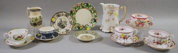 Fifteen Pieces of English and Limoges Ceramic Tabl: Fifteen Pieces of English and Limoges Ceramic Tableware, including four Copeland/Spode oversize porcelain cups and saucers, a large Limoges pitcher, a Staffordshire transfer cup and saucer, three plat