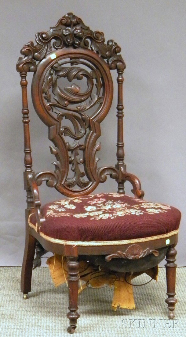 Victorian Needlepoint Upholstered Carved Walnut S: Victorian Needlepoint Upholstered Carved Walnut Slipper Chair.