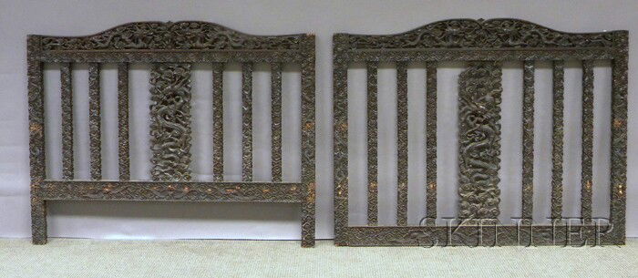 Two Chinese Carved Hardwood Headboards, (damage,: Two Chinese Carved Hardwood Headboards, (damage, losses), ht. 39 1/4, wd. 53 1/4 in.