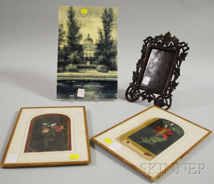 Four Assorted Late 19th/Early 20th Century Decora: Four Assorted Late 19th/Early 20th Century Decorative Items, a pair of framed wildflower studies, a carved walnut frame, and a Dutch School painted ceramic plaque titled Den Haag, signed "Huisten Bosc