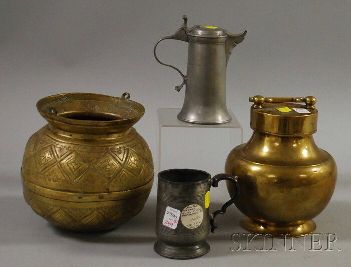 European Pewter Half-pint Mug and Syrup, and Two : European Pewter Half-pint Mug and Syrup, and Two Brass Vessels.