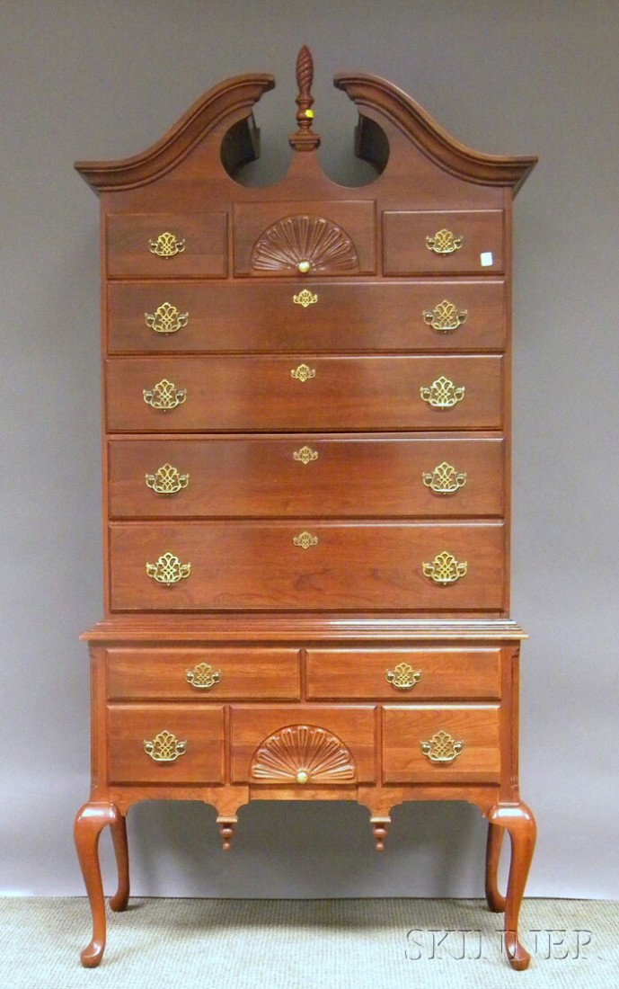 Jamestown Sterling Queen Anne-style Carved Walnut: Jamestown Sterling Queen Anne-style Carved Walnut Scroll-top Highboy, in two pieces, ht. 81 3/4, wd. 39 1/2 in.