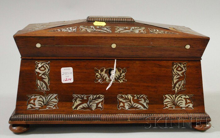 Mother-of-pearl Inlaid Mahogany Casket-form Tea C: Mother-of-pearl Inlaid Mahogany Casket-form Tea Caddy, with rosewood veneer fitted interior, lg. 13 1/4 in.