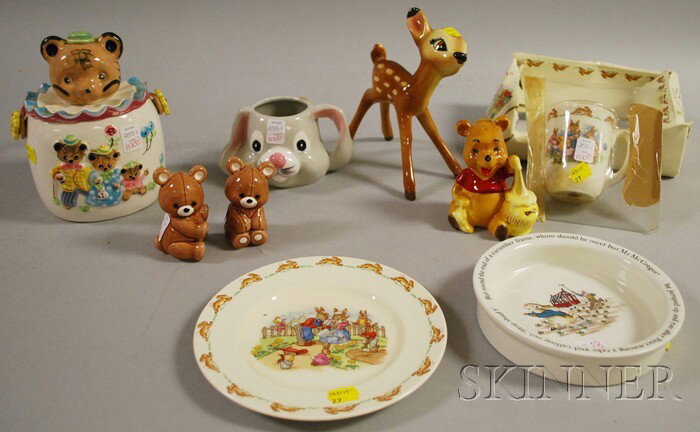 Nine Pieces of Assorted Children's Ceramic Tablew: Nine Pieces of Assorted Children's Ceramic Tableware and Figurals, including two Royal Doulton Bunnykins, Wedgwood, and an American Pottery Disney Bambi figure.
