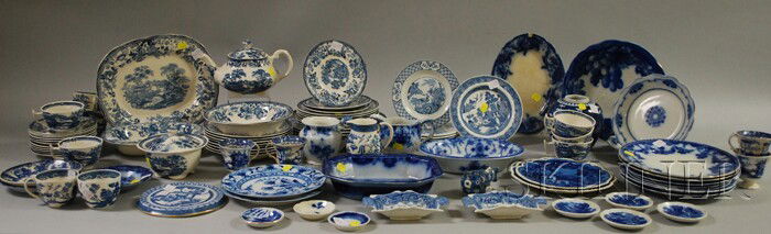 Large Lot of Mostly Blue and White Transfer-decor: Large Lot of Mostly Blue and White Transfer-decorated Tableware, including a Clarice Cliff Royal Staffordshire Tonquin pattern partial set.