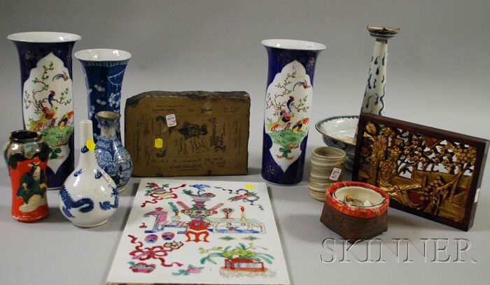 Fourteen Assorted Decorative and Asian Items, a p: Fourteen Assorted Decorative and Asian Items, a porcelain plaque, five vases, a small carved wood panel, a printing stone fragment, a blue glazed ceramic barrel-form garden seat, a blue and white cent