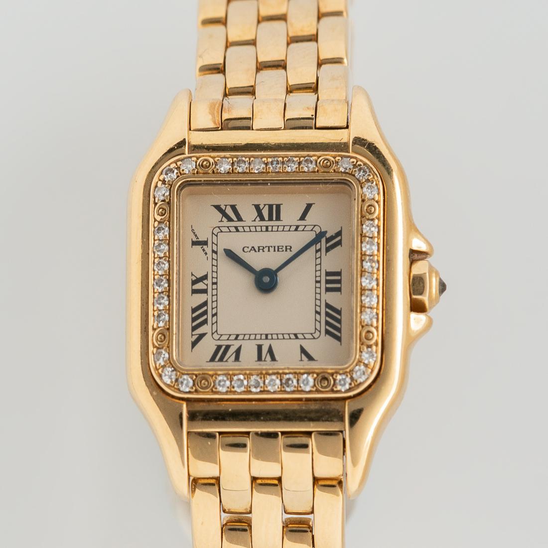 Cartier 18kt Gold and Diamond "Panthere" Wristwatch: Cartier 18kt Gold and Diamond "Panthere" Wristwatch, reference 128000, silvered roman numeral dial with blued-steel hands, diamond-set bezel, and crown, 4-jewel 057.06 quartz movement, dia. 22 mm.