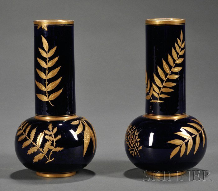 Pair of Royal Worcester Porcelain Japanese-style Va: Pair of Royal Worcester Porcelain Japanese-style Vases, England, c. 1877, each with cobalt blue ground with raised gold foliate decoration, printed marks, ht. 8 3/8 in.