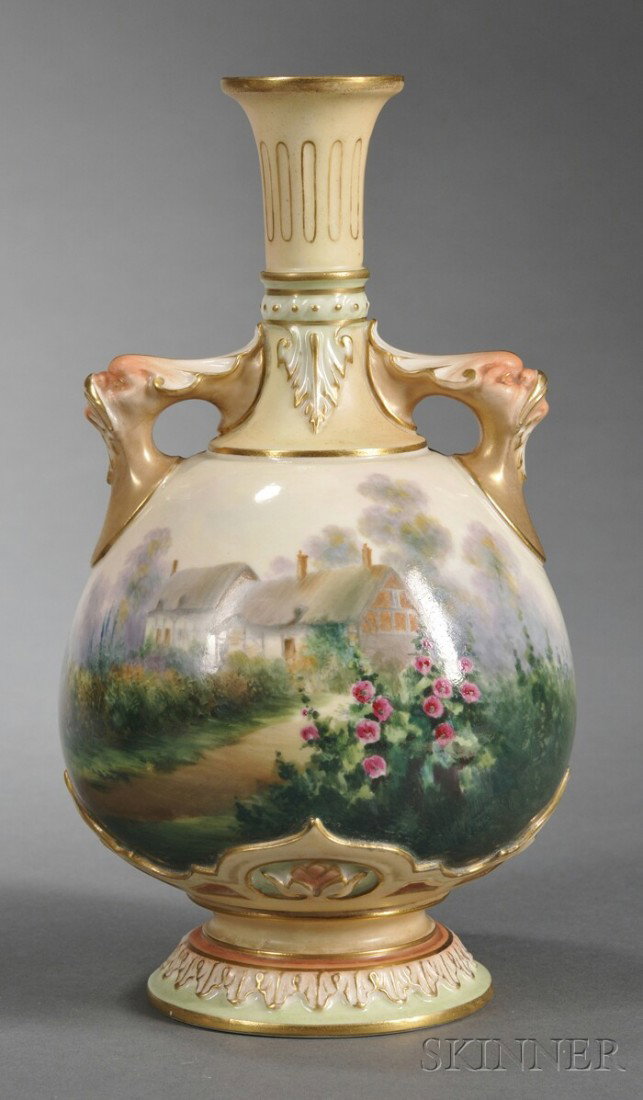 Royal Worcester Porcelain Hand-painted Vase, Englan: Royal Worcester Porcelain Hand-painted Vase, England, c. 1903, by Harry Davis, bottle shape with dolphin handles, gilt trim and polychrome enameled depiction of a cottage in a landscape, artist signed