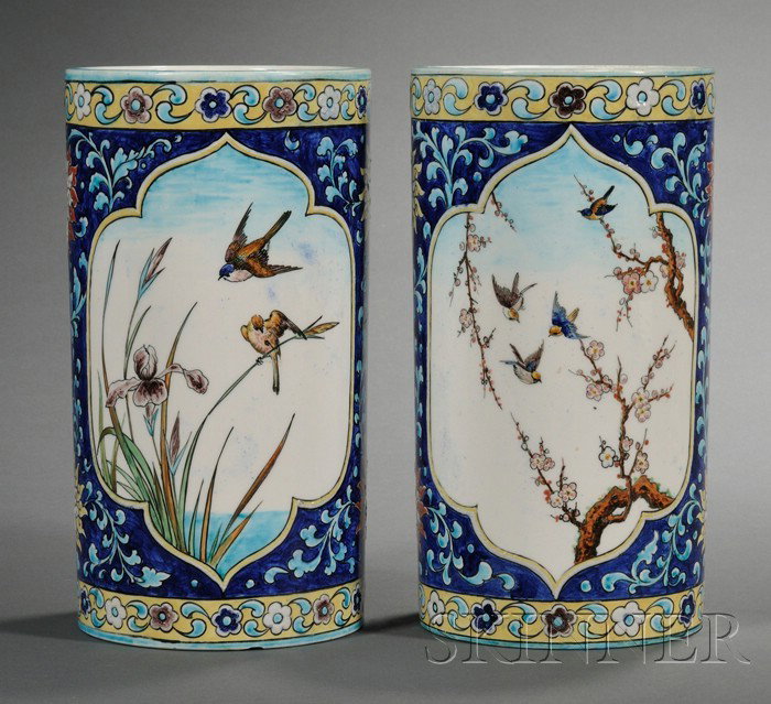Pair of Minton Earthenware Brush Pots, England, c.: Pair of Minton Earthenware Brush Pots, England, c. 1875, cylindrical, polychrome enamel decorated with panels of birds within a foliate ground border, printed marks, ht. 8 1/2 in.