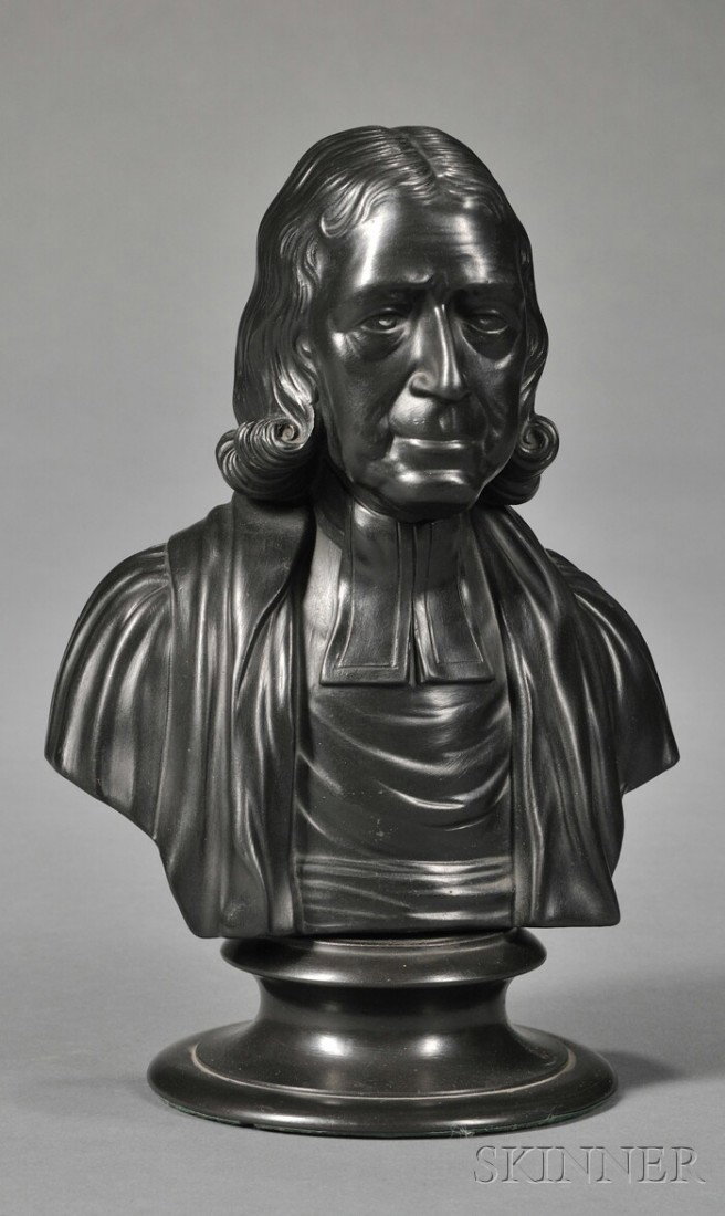 Wedgwood Black Basalt Bust of Wesley, England, 19t: Wedgwood Black Basalt Bust of Wesley, England, 19th century, mounted atop a waisted circular socle, impressed title and mark, ht. 8 1/4 in.