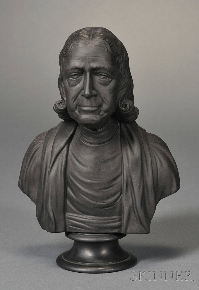 Wedgwood Black Basalt Bust of Wesley, England, c. : Wedgwood Black Basalt Bust of Wesley, England, c. 1884, mounted atop a waisted circular socle, impressed title and mark, ht. 8 1/8 in.