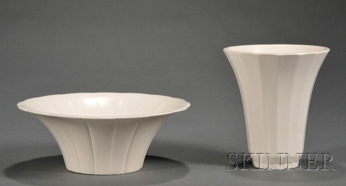 Two Wedgwood Keith Murray Moonstone Glazed Items,: Two Wedgwood Keith Murray Moonstone Glazed Items, England, c. 1935-41, a shape 3808 trumpet vase with faceted sides, ht. 7 1/4; and a shape 4129 bowl with scalloped rim and faceted flaring sides, dia.
