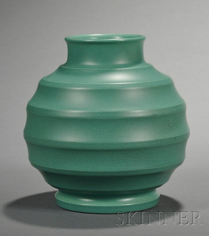 Wedgwood Keith Murray Design Matte Green Slip Glaz: Wedgwood Keith Murray Design Matte Green Slip Glazed Vase, England, c. 1935, shape 3765, globular form with concentric rings, printed mark, ht. 6 in.