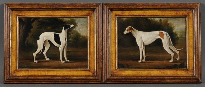 British School, 19th Century Style, Lot of Two Pai: British School, 19th Century Style Lot of Two Paintings of Greyhounds: Tan and White and Black and White Both signed or initialed l.l. Oil on copper, 7 1/8 x 9 7/16 in. (18.0 x 24.