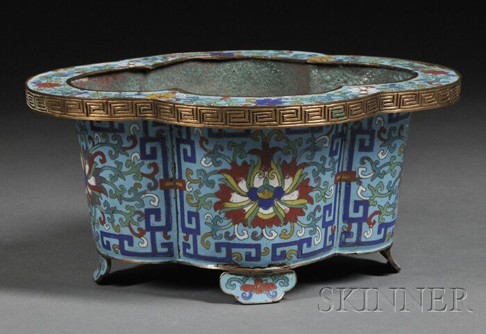 Chinese Champleve Jardiniere, quatrefoil shape wit: Chinese Champleve Jardiniere, quatrefoil shape with light blue ground and polychrome enamel decoration of stylized flowers and Greek key design, on shaped feet, lg. 10 7/16 in.