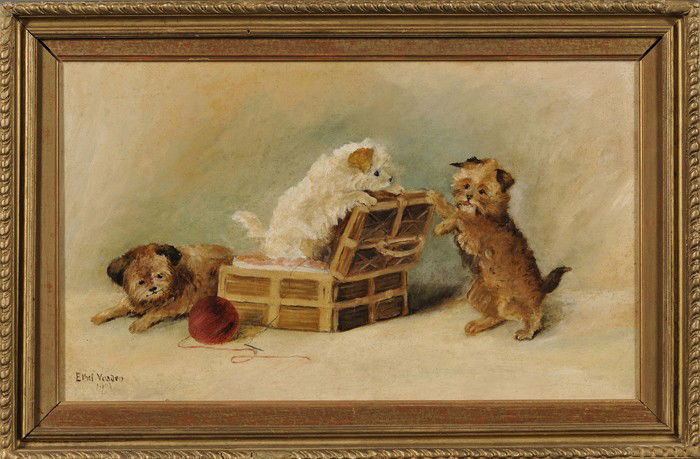 British School, 20th Century, Puppies at Play, Sig: British School, 20th Century Puppies at Play Signed and dated "Ethel Voaden/190..." l.r. Oil on canvas, 12 1/8 x 20 1/8 in. (30.8 x 51.0 cm), framed. Condition: Retouch, surface grime.