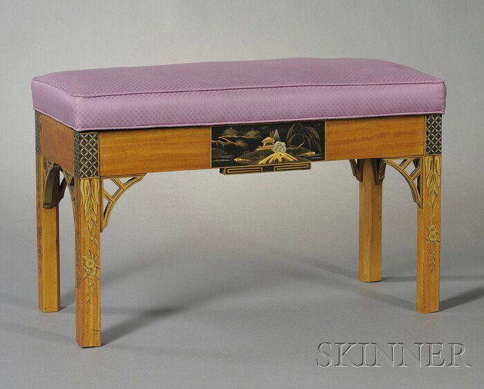 Edwardian Satinwood Chinoiserie Decorated Piano Be: Edwardian Satinwood Chinoiserie Decorated Piano Bench, early 20th century, hinged and upholstered seat lifts to reveal storage compartment, with gilt and polychrome relief decorated landscapes to eith