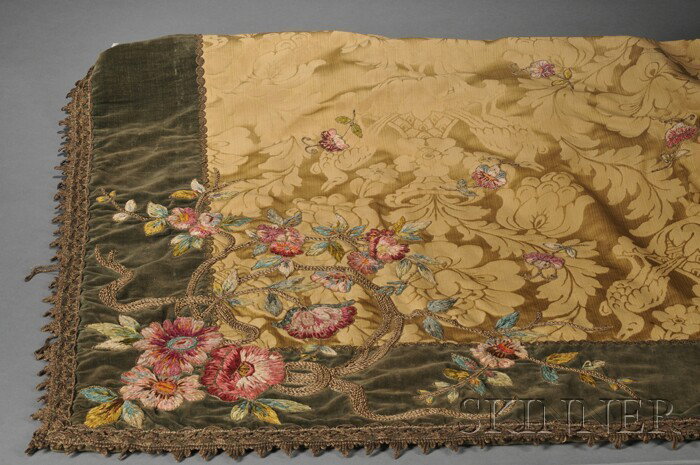 Embroidered Coverlet, golden damask bordered by fo: Embroidered Coverlet, golden damask bordered by forest green velvet and metallic brocade, with corners embroidered with polychrome threaded floral design, and individual flower sprays throughout, 83 x