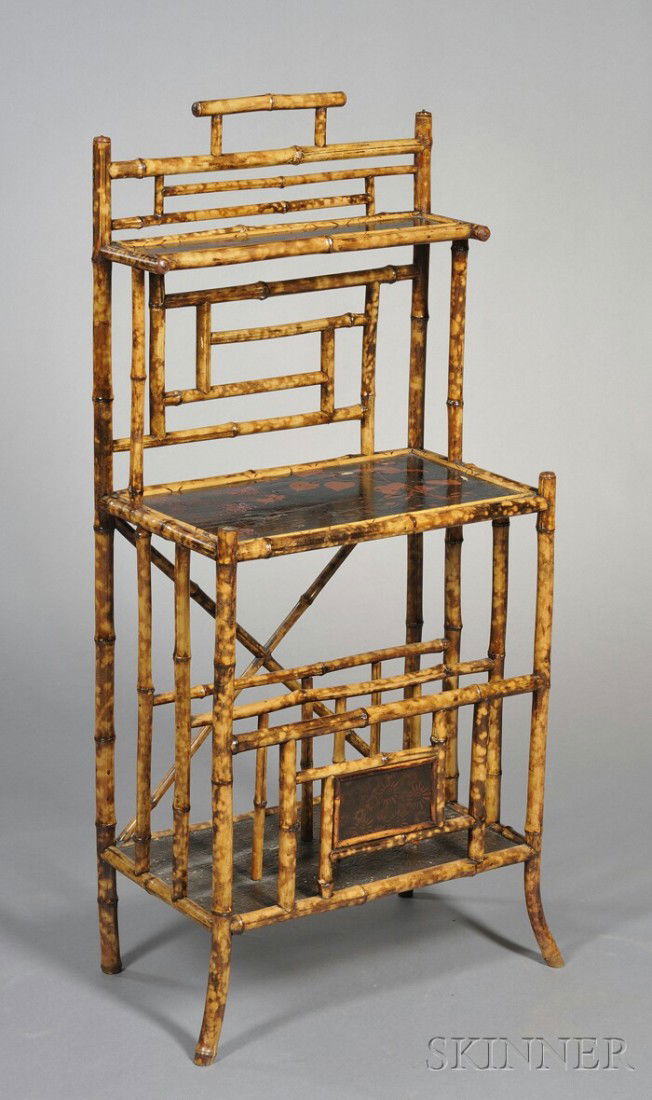 Victorian Bamboo and Lacquer Panel Stand, with one: Victorian Bamboo and Lacquer Panel Stand, with one shallow shelf above rectangular top, over three compartments, ht. 46 1/4, wd. 21, dp. 12 1/2 in.