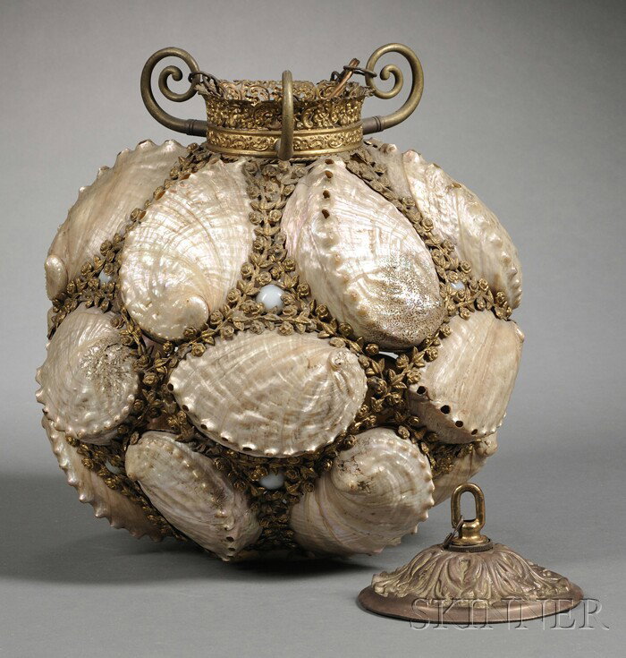 Mother-of-pearl and Gilt-metal Light Fixture, orb-: Mother-of-pearl and Gilt-metal Light Fixture, orb-shaped, the large shells mounted with gilt-metal rose vines interspersed with white glass spherules, with scrolled tripod hanging chain mount and circ