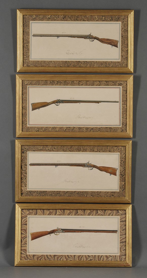 French School, 19th Century, Eight Framed Watercol: French School, 19th Century Eight Framed Watercolors Depicting Antique Rifles Unsigned. Watercolor and ink on laid paper, sight sizes to 8 1/2 x 19 1/2 in. (21.5 x 50.0 cm), framed. Condition: Scatter