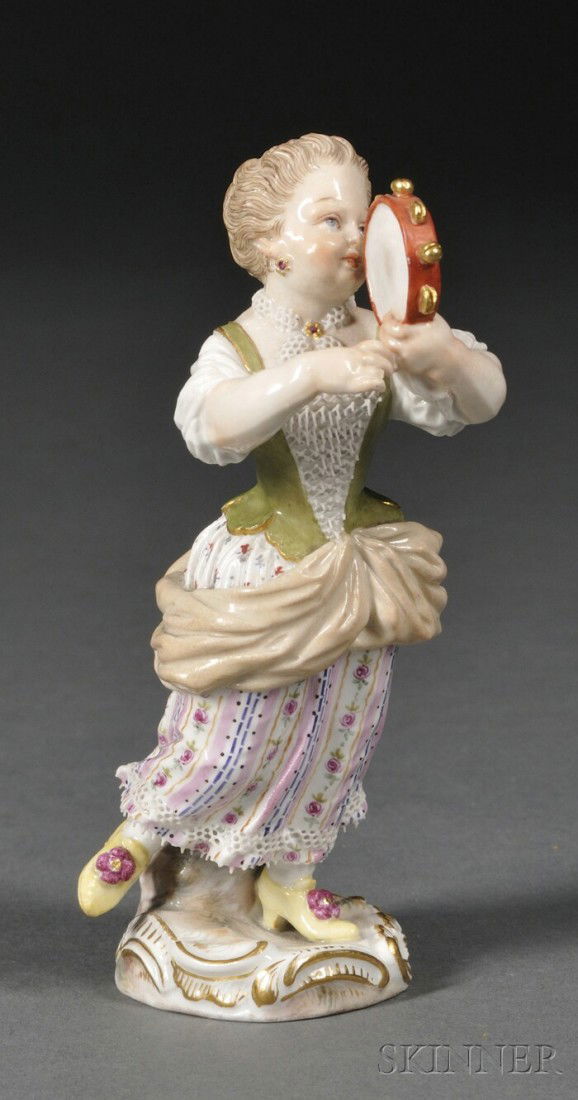 Meissen Porcelain Figure of a Girl Playing the Tam: Meissen Porcelain Figure of a Girl Playing the Tambourine, Germany, with crossed swords mark, ht. 4 3/4 in.