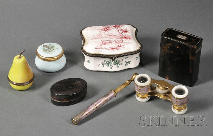 Five Small Continental Decorative Items, comprisin: Five Small Continental Decorative Items, comprising four boxes: two French copper enamel, one painted to lid with puce landscape scene, wd. 4 1/8, the other pear-shaped, ht. 3; and two late 19th/early