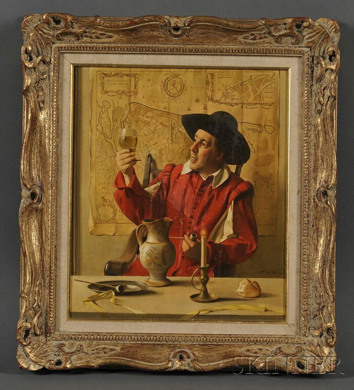 Franz Xaver Wolf (Austrian, 1896-1990), Dutch Man: Franz Xaver Wolf (Austrian, 1896-1990) Dutch Man in Red with a Wine Glass Signed "F.X. Wolf" l.r., with the artist's label affixed to the reverse. Oil on panel, 13 7/8 x 11 7/8 in. (35.1 x 30.1 cm), f